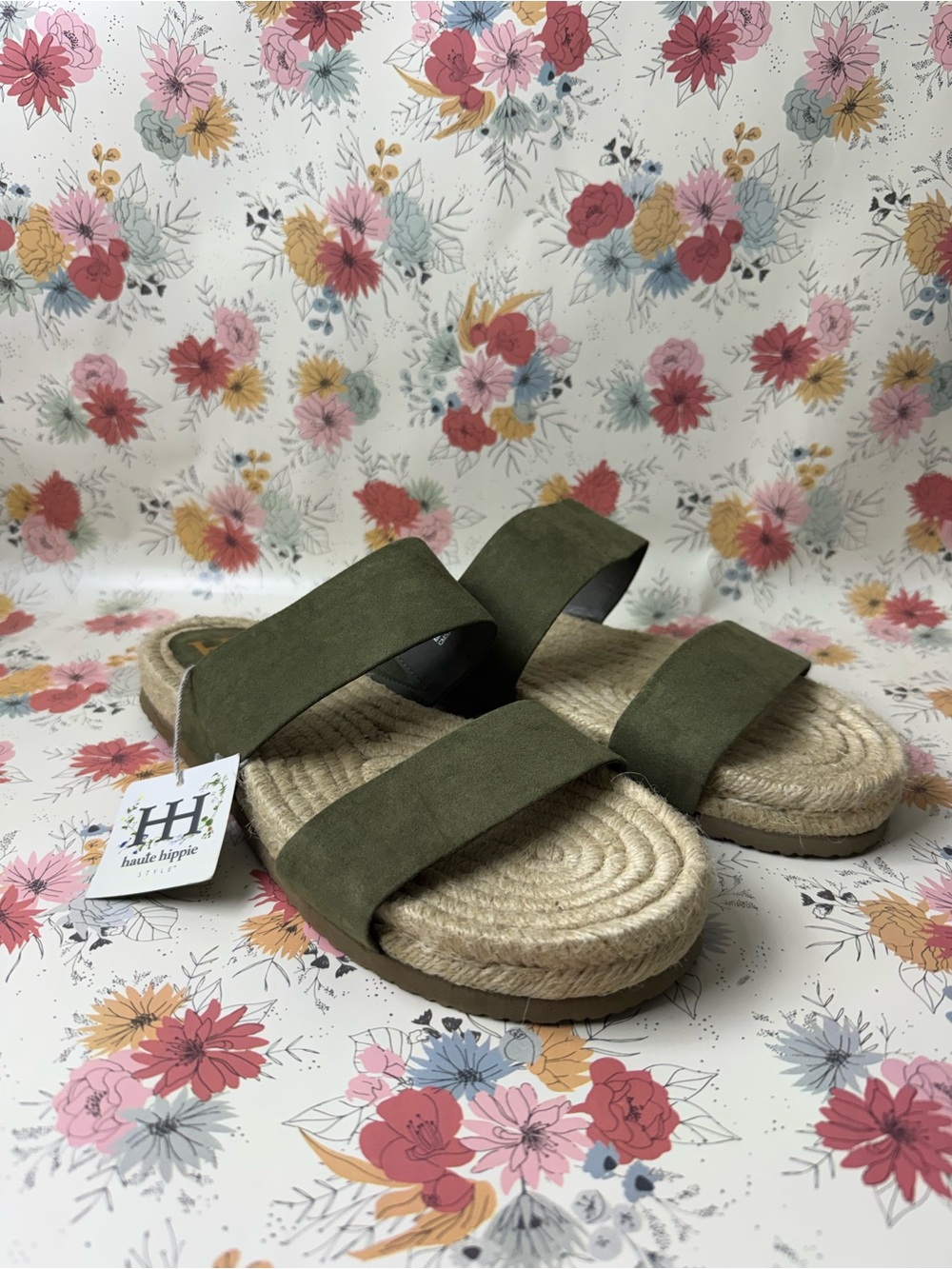 Haute Hippie Olive Green Double Strap Espadrille Slide Sandal
